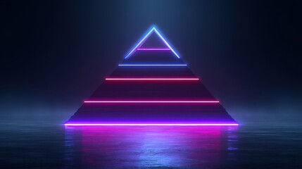 Poster - Abstract Pyramid with Neon Lights Reflecting on Wet Surface in Low Angle Shot for Futuristic Design
