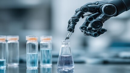 Poster - Robot hand adding liquid to flask in laboratory setting close up shot artificial intelligence in science
