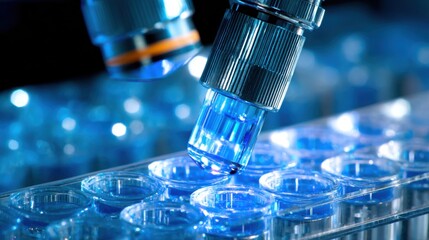 Poster - Close-up of Microscope Examining Samples in Lab, Blue Lighting, Scientific Research, Medical Analysis, Pharmaceutical Development, Modern Technology
