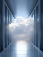 Poster - Cloud computing concept in server room; data center with cloudscape, storage, information technology, futuristic, perspective view