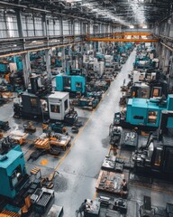 Aufkleber - Overhead view of a large manufacturing plant with workers operating machinery and equipment in a factory setting