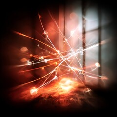 Aufkleber - Ethereal Sparks: Abstract Light Trails and Bokeh in a Dark, Warm-Toned Space with a Hint of Architectural Structure