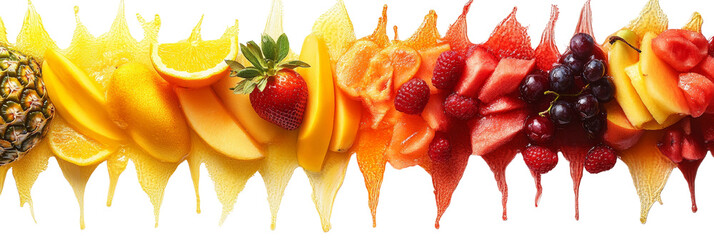Aufkleber - Colorful fruit arrangement with juice drops in a spectrum on a white background
