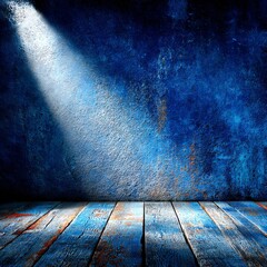 Poster - Intense Blue Room with Spotlight: A Rustic Texture Backdrop Featuring Distressed Wood and Dramatic Lighting