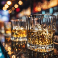 Aufkleber - Whiskey on the rocks in a glass on a bar top with bokeh lights in the background close up shot