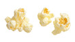 © RomenaJannat - Three pieces of popped popcorn isolated on black background with buttery texture visible closely on transparent background