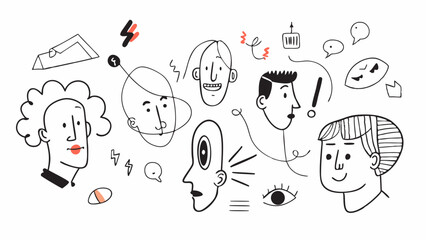Poster - Illustration featuring various hand drawn faces, speech bubbles, and abstract shapes in a doodle style art