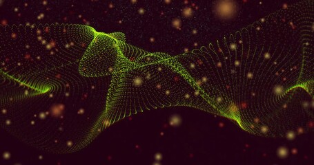 Poster - Bright green dotted mesh wave flowing over deep maroon field, with glowing orange and red particles