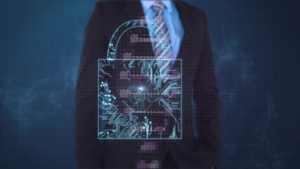 Fototapete - Corporate man standing in virtual grid, displaying glowing holographic cybersecurity padlock