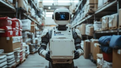 Poster - Advanced robotic worker operating in a high-tech warehouse, symbolizing automation, artificial intelligence, and the future of logistics and supply chain management