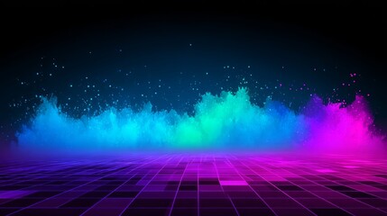 Wall Mural - Abstract Digital Composition Featuring Neon Blue and Purple Hues in Dynamic Flowing Wave Design with Grid Surface and Dark Backdrop