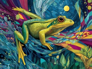 Poster - Vibrant digital artwork of a leaping frog in a surreal landscape.