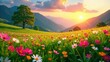 © Angel Pic - Serene Sunset Over Lush Meadow with Blooming Wildflowers and Solitary Tree on Rolling Hills
