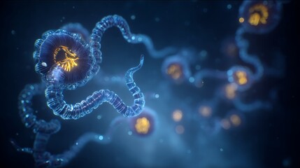 Wall Mural - Abstract Digital Molecular Structure Depicting Futuristic Technological Biological And Scientific Concepts With Blue And Yellow Tones