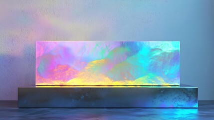 Poster - Abstract iridescent box on concrete block in studio setting with rainbow light and blue glow, modern minimalist design