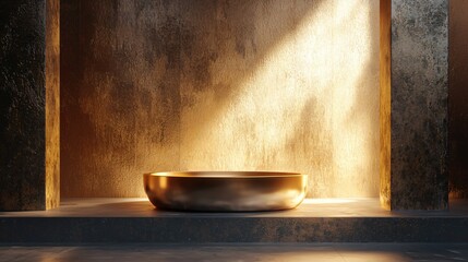 Poster - Golden Bowl on Platform in Studio Setting with Textured Walls and Dramatic Lighting for Product Display