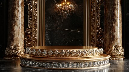 Poster - Ornate Gold Podium Display with Marble Backdrop and Chandelier Luxury Presentation Stage