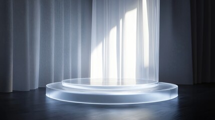 Poster - Minimalist Product Display Stage with Sheer White Curtains and Soft Lighting Studio Shot for Marketing and Advertising