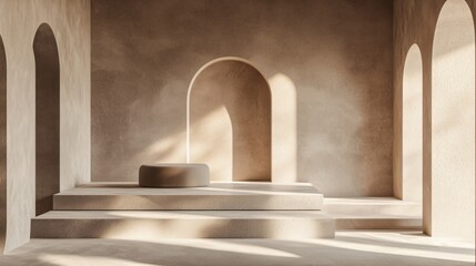 Aufkleber - Minimalist interior design with arches platform and ottoman in neutral tones with sunlight shadows studio shot