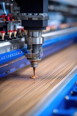 Poster - Close up of chocolate being deposited by automated machine on conveyor belt in factory setting