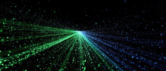 Fototapete - Abstract Data Stream Bursting into Space with Green and Blue Light Rays on Black Background Digital Art