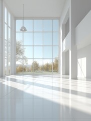 Aufkleber - Bright White Modern Interior with Large Windows Overlooking Trees, Minimalist Style, Architecture and Design, Sunny Day