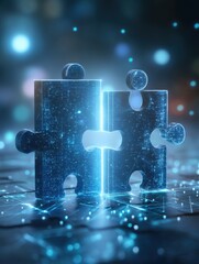 Fototapete - Two glowing puzzle pieces connecting on a circuit board surface concept of technology and teamwork