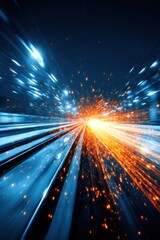 Poster - Abstract Light Speed Motion Blur Effect in Blue and Orange Colors with Glowing Particles and Streaks of Light