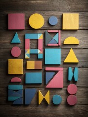 Poster - Colorful wooden geometric shapes flat lay arrangement on rustic wood surface top-down view studio shot