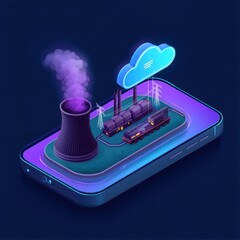 Poster - Isometric Power Plant on Phone Screen Illustrating Energy Generation and Cloud Computing Connection