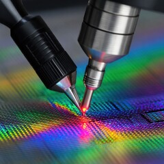 Poster - Close up of microchip manufacturing with laser beam etching surface for nanotechnology and advanced technology