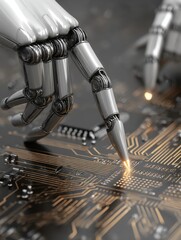 Poster - Robot hand touching circuit board close up futuristic technology artificial intelligence concept