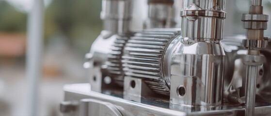 Poster - Close-up of Shiny Stainless Steel Industrial Equipment, Chrome Metal Components, Manufacturing Technology, Engineering Precision, Factory Automation