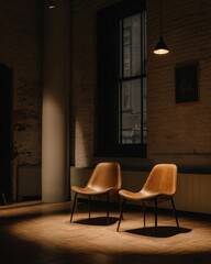 Poster - Two modern chairs in a moody loft apartment interior with exposed brick and hardwood floors and natural light