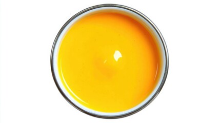 Poster - Top-down view of vibrant yellow liquid in a container on a white background creating a minimalist studio shot