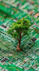 Fototapete - Small Tree Growing on Circuit Board Close Up Illustrating Nature and Technology Interconnection Concept