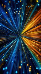 Poster - Abstract Data Stream Visualization with Blue and Gold Light Streaks Converging to Center Point