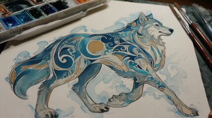 Poster - Detailed watercolor painting of a stylized wolf with flowing patterns.