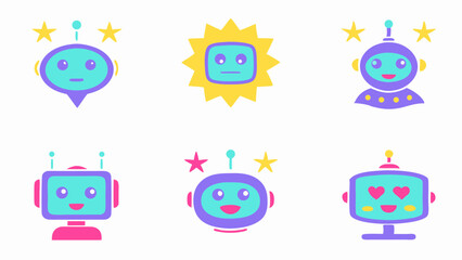 Fototapete - Collection of six colorful cartoon robots with different shapes and expressions on a white background