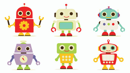 Fototapete - Collection of six colorful cartoon robots with various shapes and designs on a white background