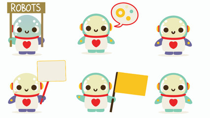 Fototapete - Collection of cute cartoon robots with different accessories and expressions on a white background