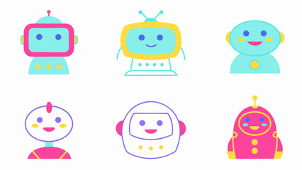 Fototapete - Collection of six cartoon robots with various shapes and colors on a white background illustration