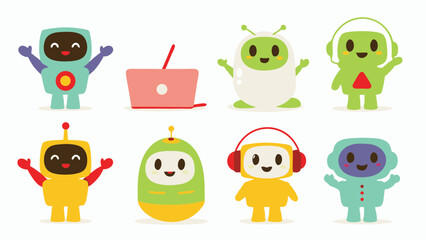 Fototapete - Collection of colorful cartoon robots and a pink laptop on a white background in a vector image