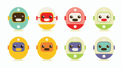 Fototapete - Illustration of eight colorful cartoon robots with different face colors and helmet designs aligned nicely