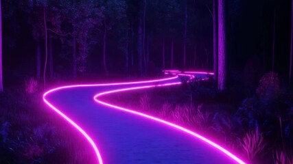 Poster - The winding forest path is illuminated with neon lighting along the edges