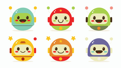 Fototapete - Illustration of six cartoon robots with different colors and star or dot accents on a white background