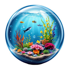 marine adventure scene enclosed in a spherical bubble showing sea flora and fauna isolated on white 