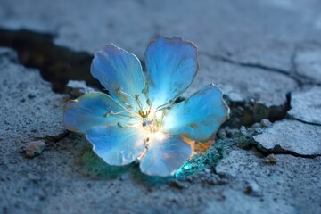 Poster - A blue flower is on a cracked concrete surface