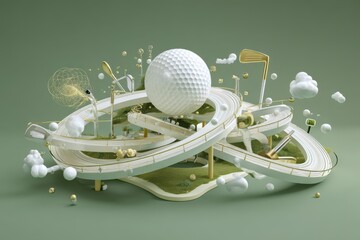 Poster - Abstract, whimsical golf course scene in a 3D design.