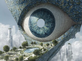 Poster - Massive eye structure encompassing a city landscape.